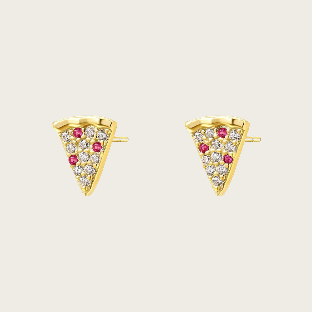 Luxury 18K gold plated mini stud earrings with colorful enamel coconut tree and pizza slice charms, displayed on seashells.