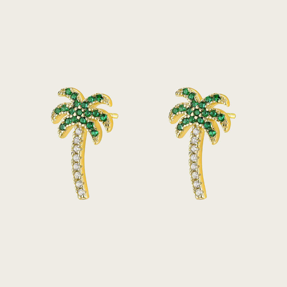 Luxury 18K gold plated mini stud earrings with colorful enamel coconut tree and pizza slice charms, displayed on seashells.
