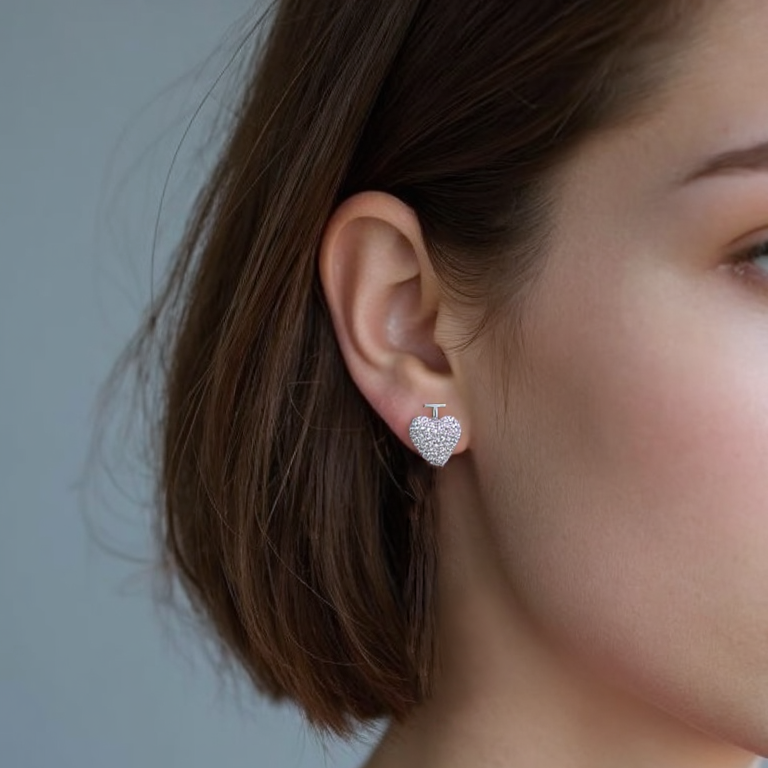 Gold plated asymmetric heart dangle earrings with zircon clusters, showcasing one solid heart and one clustered heart design on a model.