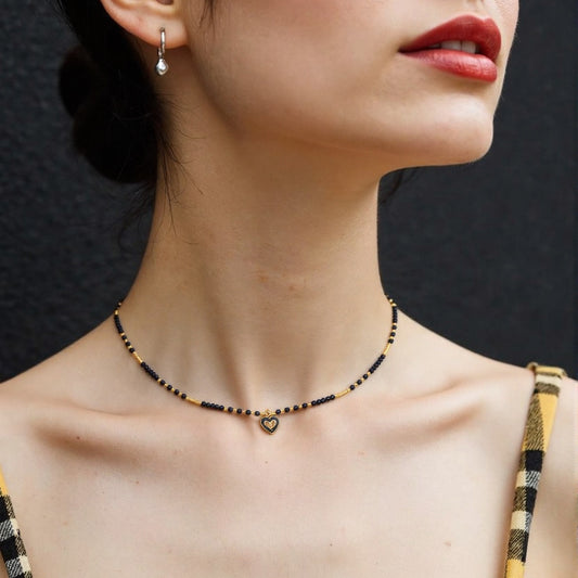 Chic heart pendant choker with black spinel beads