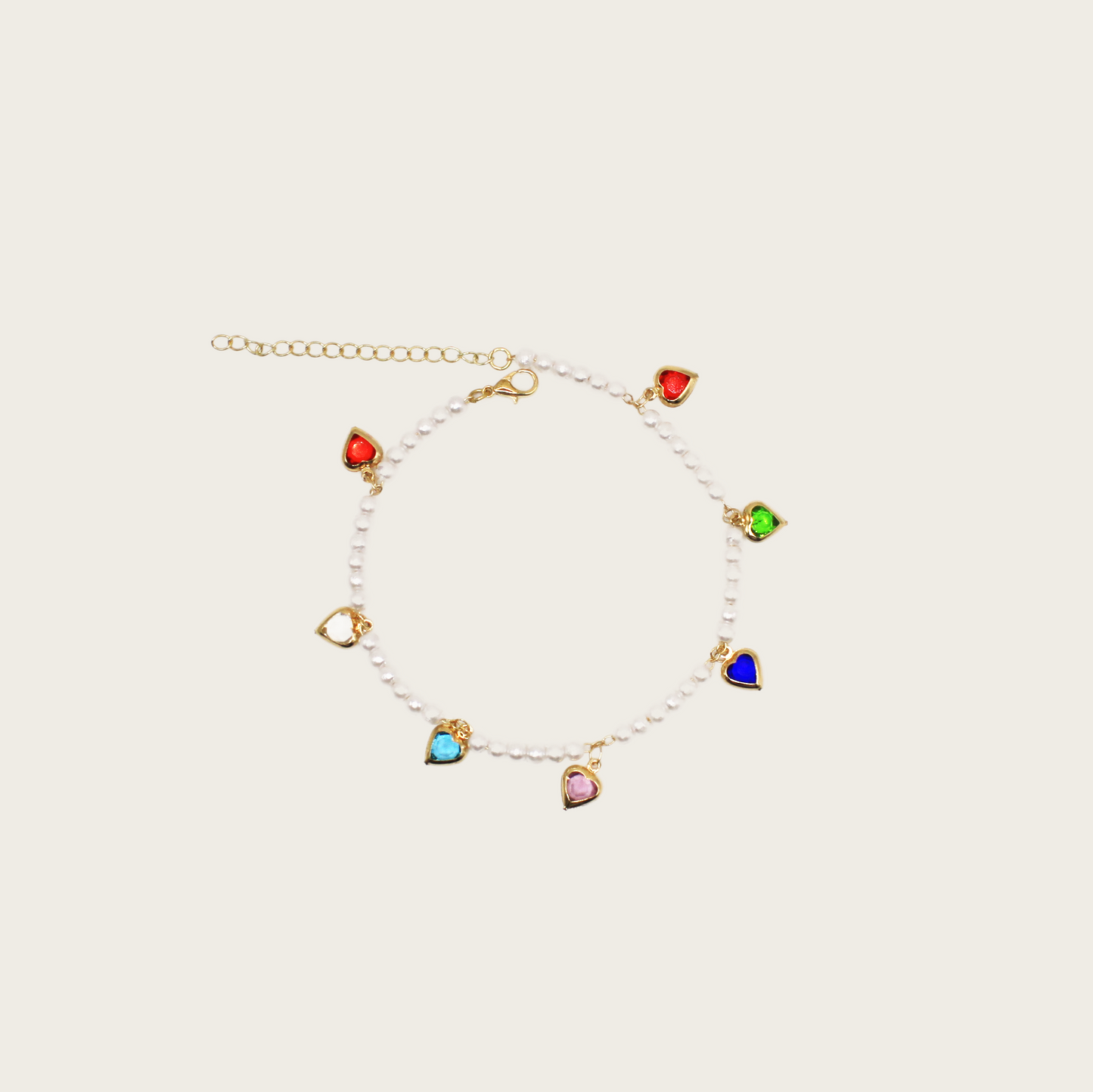 Colorful anklet with a heart-shaped crystal pendant,