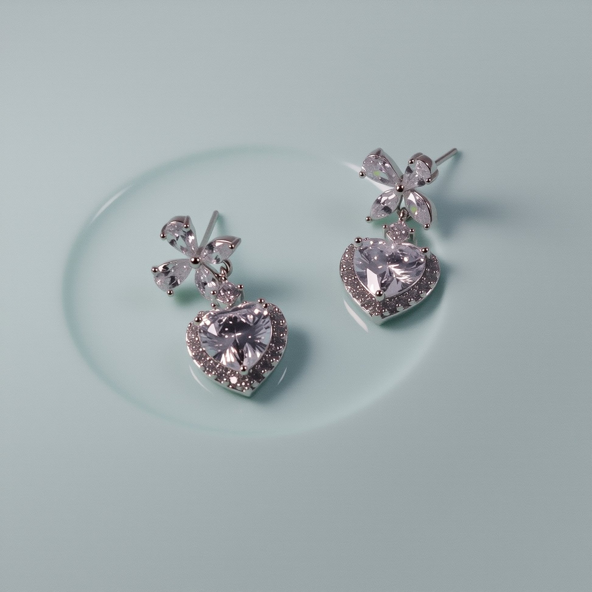 18K white gold plated heart drop earrings with sparkling crystal charm