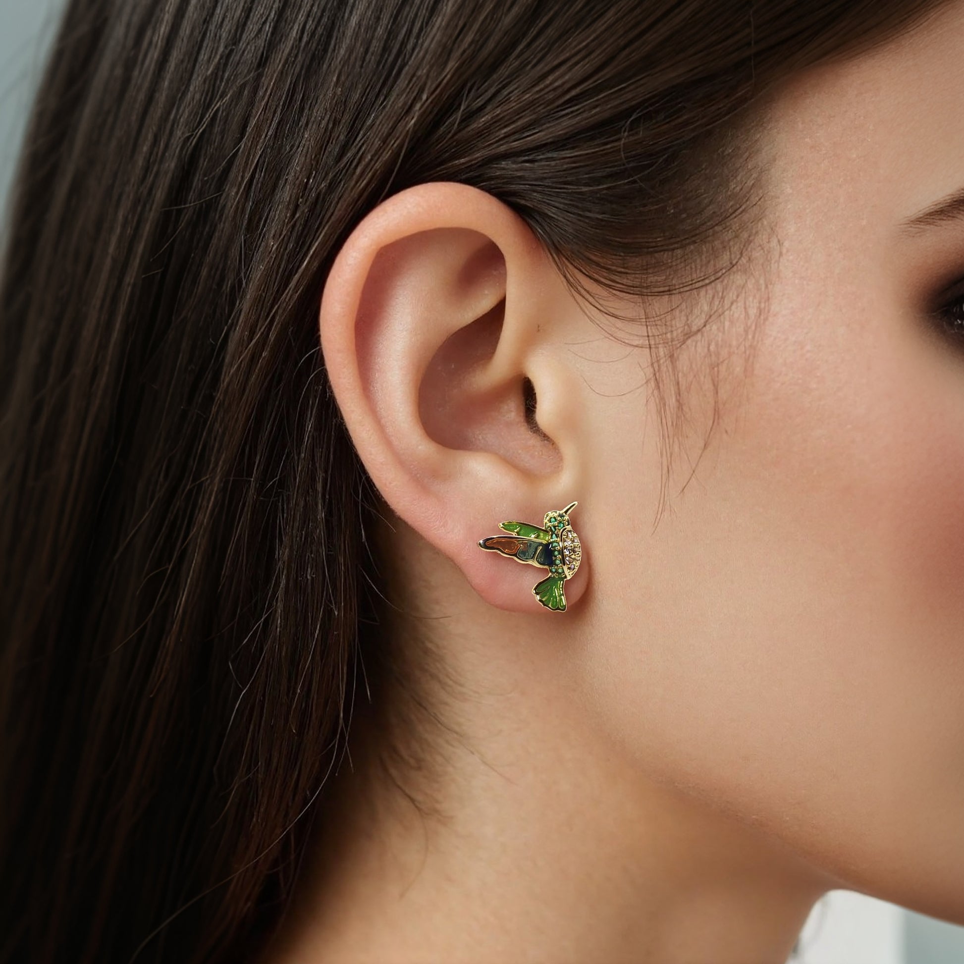 Delicate enamel hummingbird studs, bright and unique