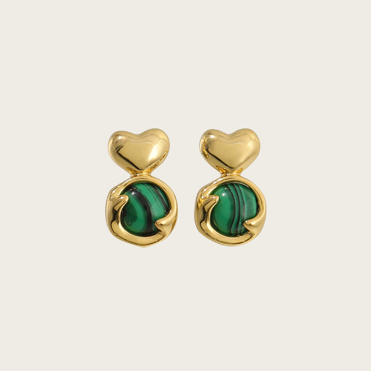Charming heart-shaped stud earrings with natural stones.