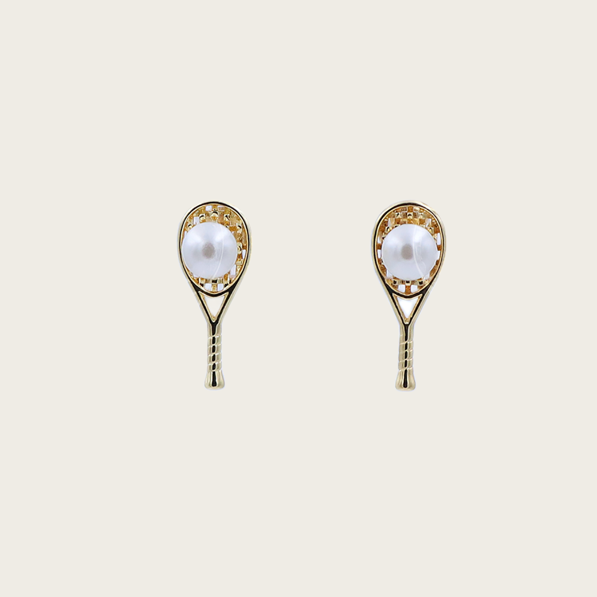 Elegant tennis racket stud earrings with pearl accents