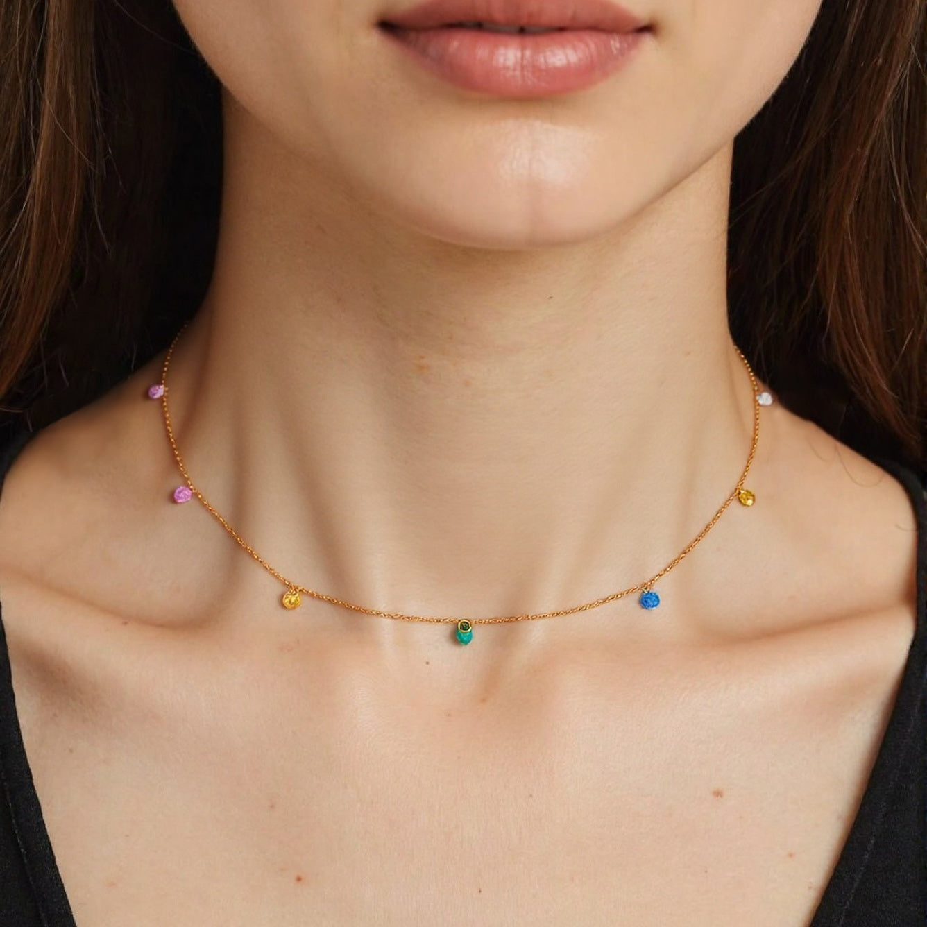 Colorful rainbow zirconia choker necklace, bold style.