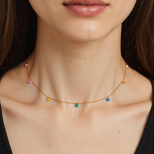 Colorful rainbow zirconia choker necklace, bold style.