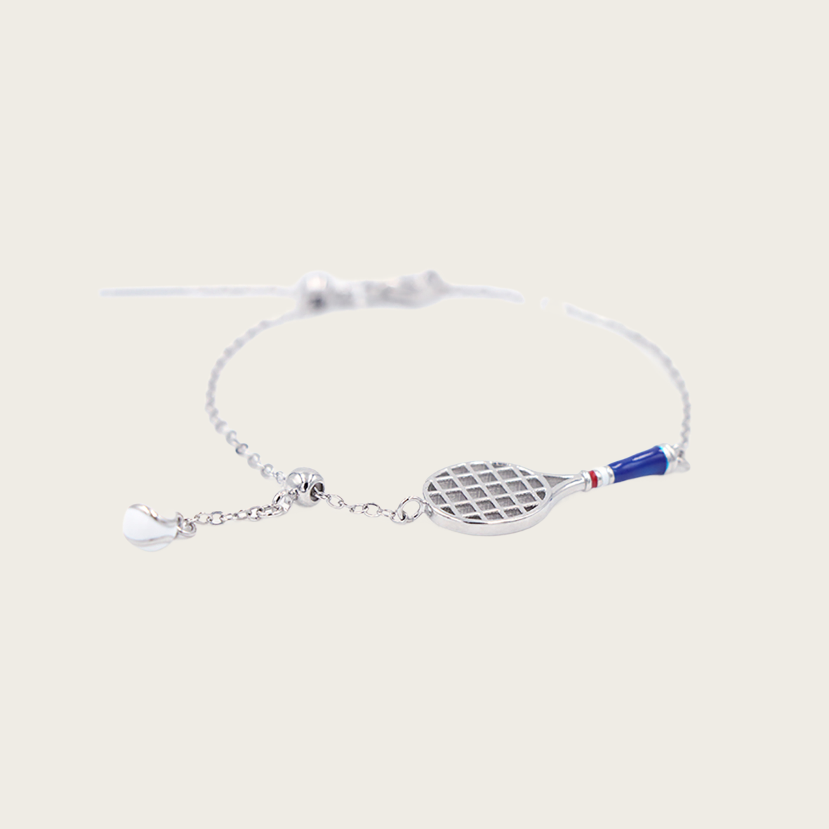 Silver chain bracelet with miniature tennis racket charm