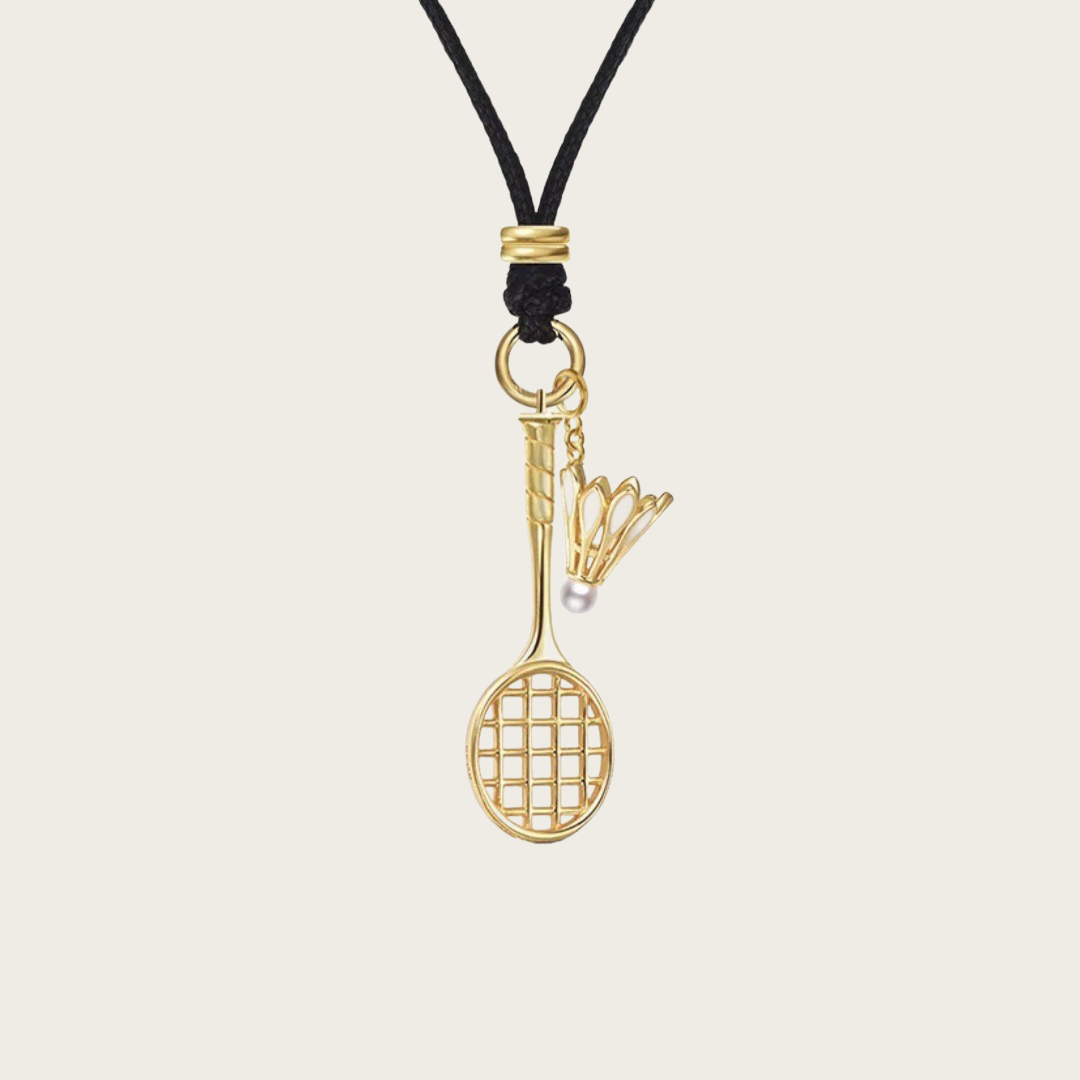 Black cord necklace with gold badminton-themed charms