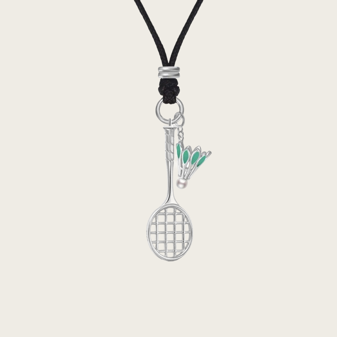 Black cord necklace with silver badminton-themed charms