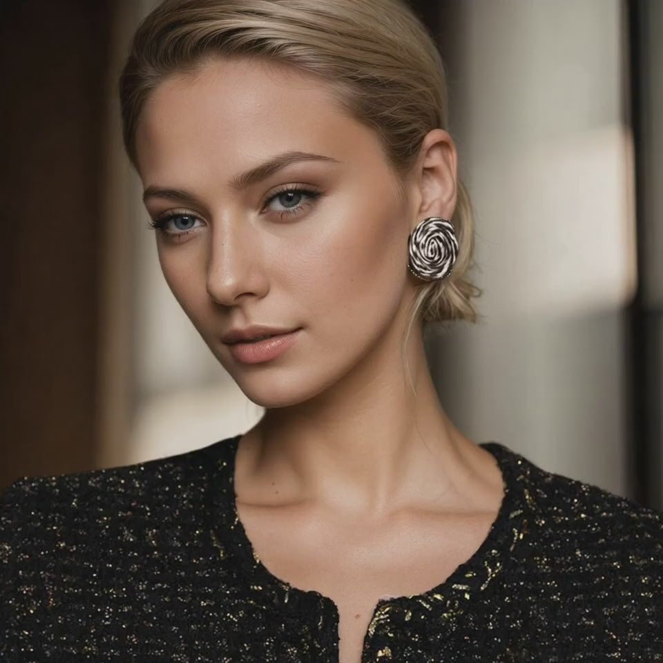 Close-up of circular black and white rattan stud earrings with intricate