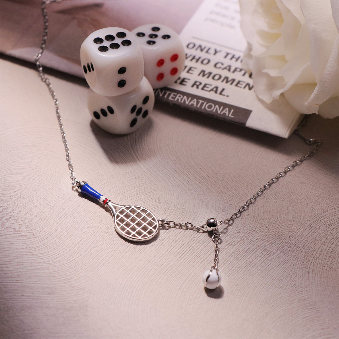 Silver Tennis Racket Charm Necklace with a polished finish, designed for tennis lovers