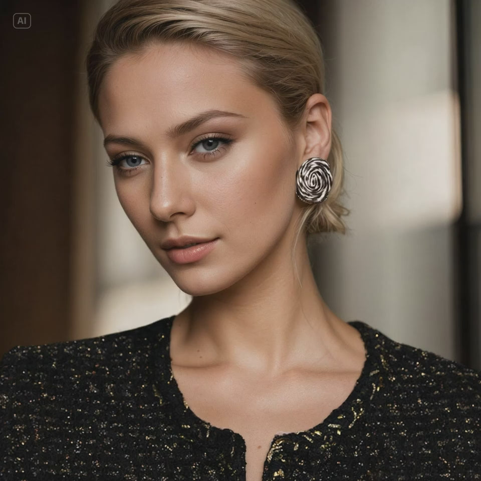 Close-up of circular black and white rattan stud earrings with intricate woven texture